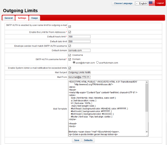 Outgoing SMTP Limits, SMTP Server Settings, Outgoing SMTP Server